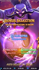 Genie's 3 Wishes · Identifikasi spanduk panduan dan simbol pemicu putaran gratis di atas kisi.